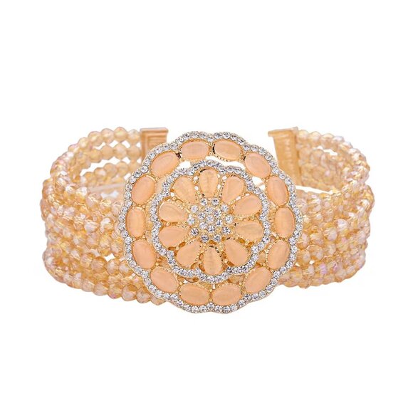 Beaded Champagne Color Glass & Austrian Crystal Bracelet & Cat's Eye Brooch - Picture 1 of 4